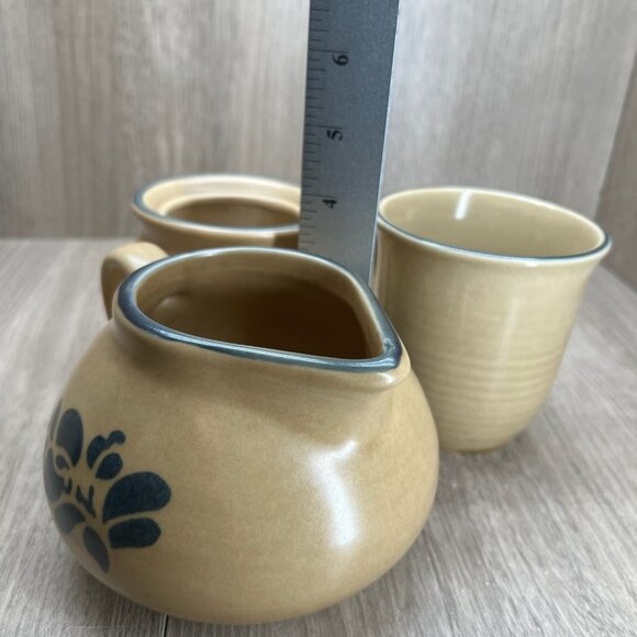 Vtg Pfaltzgraff Folk Art Sugar Bowl Creamer Set of 3 Stoneware Floral Blue Tan - Picture 14 of 16
